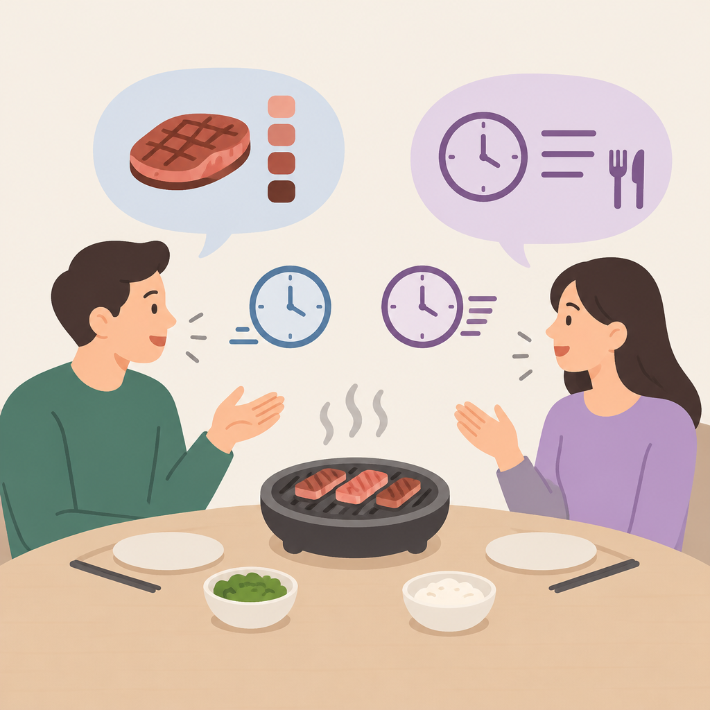 AI 생성 설명 이미지 1: 안산일동고기집에서 굽기 정도와 식사 속도를 오해 없이 전하는 법